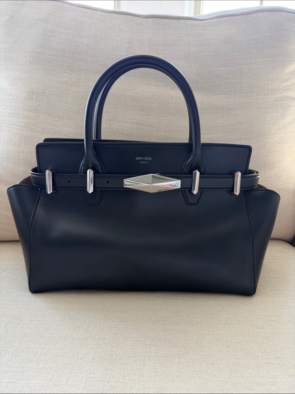 Jimmy Choo Black Leather Handle Satchel with Silver Hardware